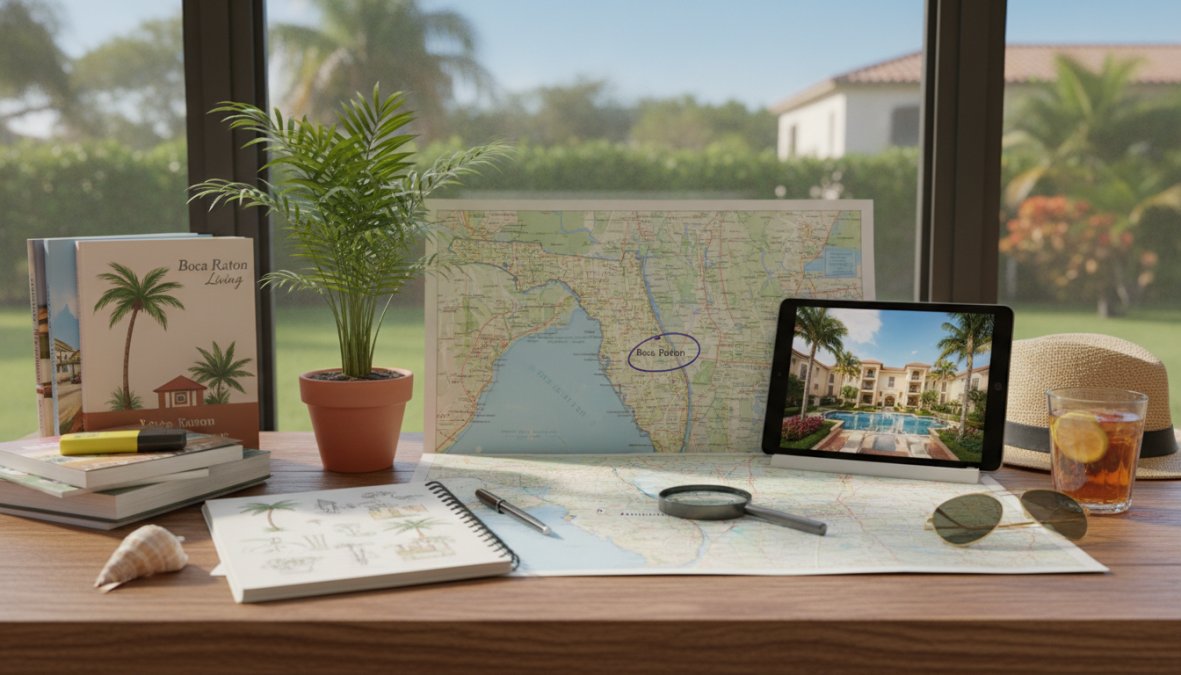 Prospective renter sitting across from a private landlord at a kitchen table, reviewing a printed lease agreement together in a bright, modern Boca Raton apartment with large windows and natural light
