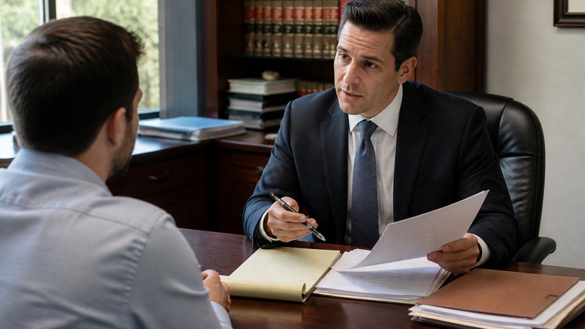 Criminal defense attorney in professional office having focused conversation with client across desk, reviewing case documents and notes, natural office lighting