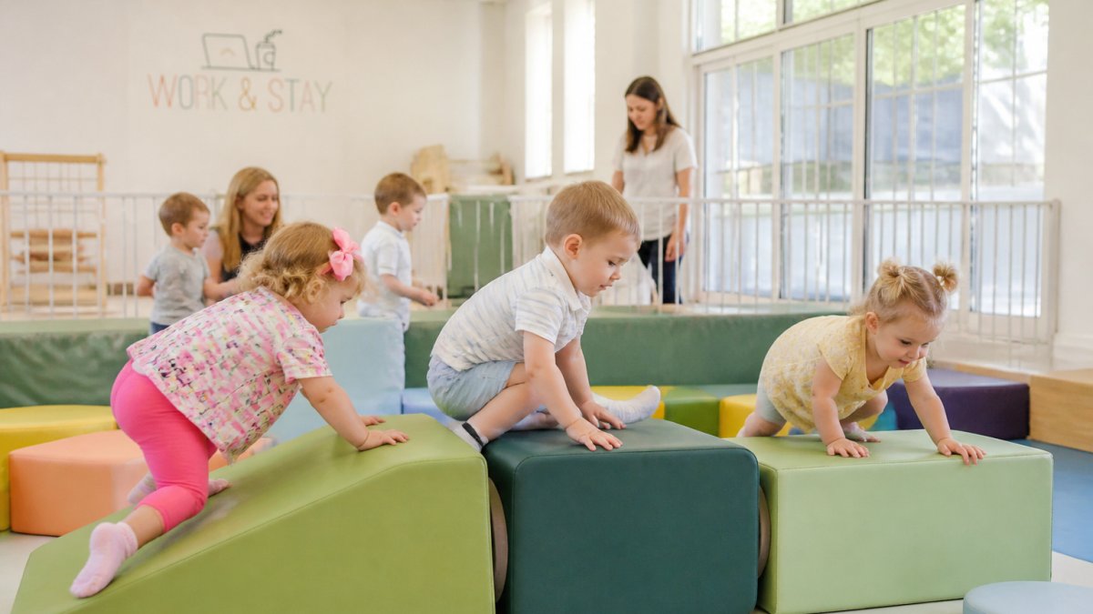 Toddlers in colorful clothing playing on soft foam climbing structures and padded play equipment in a bright, supervised indoor play space with natural lighting and safety railings