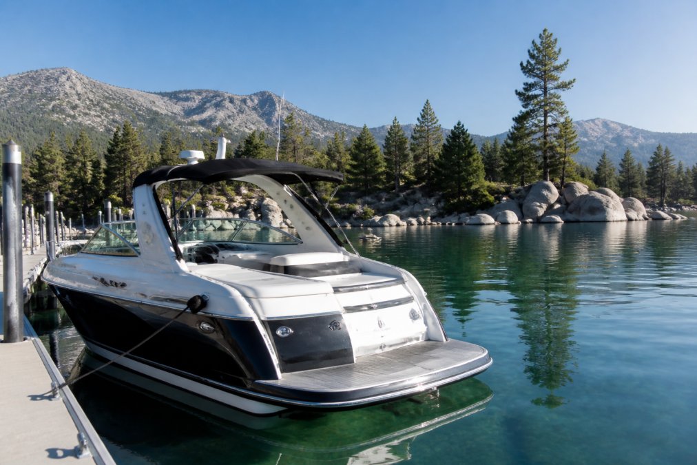 A modern sport cruiser boat docked on a clear alpine lake with pine trees and granite mountains in the background, bright morning light reflecting off calm water