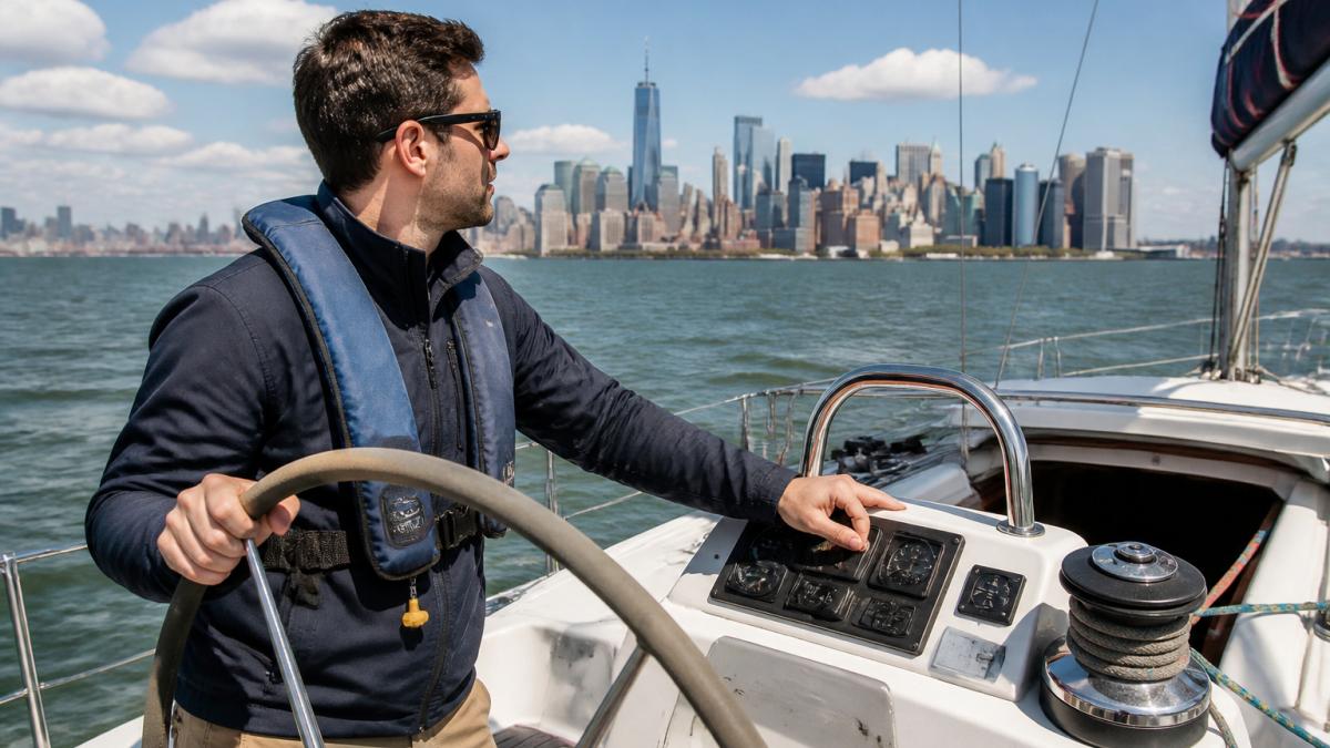 A licensed sailboat captain in a life vest at the helm of a private sailboat, checking instruments with the harbor skyline behind him on a clear afternoon