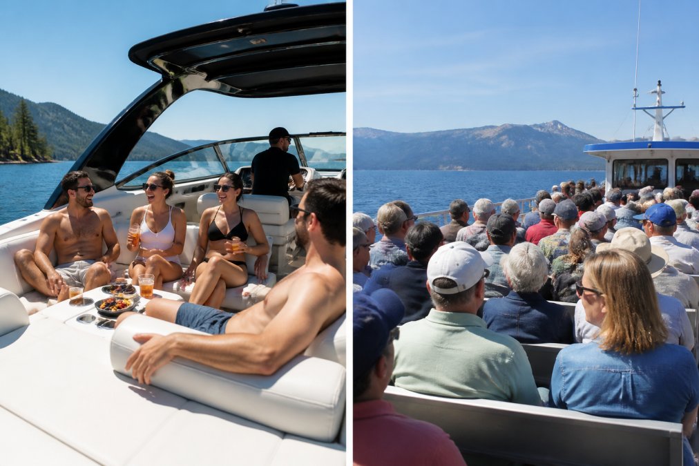 A small group of friends laughing and relaxing on the spacious deck of a private motor yacht, with a captain visible at the helm in the background and clear blue lake water ahead