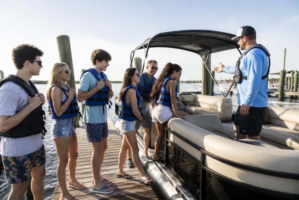 A diverse group of eight adults and teenagers boarding a spacious pontoon boat at the dock, smiling and wearing life jackets, with the boat captain greeting them