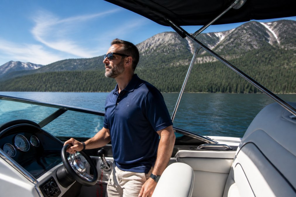 A USCG-licensed captain in a polo shirt and sunglasses stands at the helm of a modern motorboat on a clear alpine lake, one hand on the wheel, looking toward the horizon