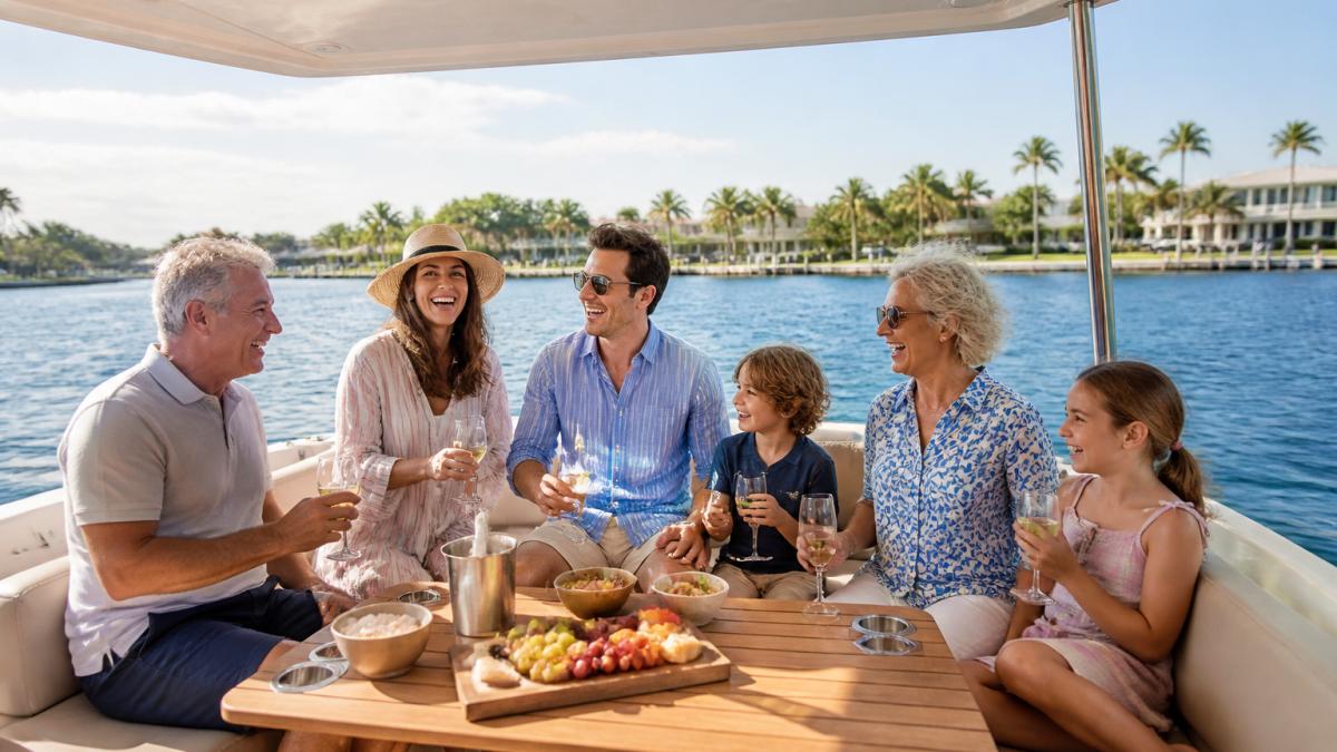 Multi-generational family laughing and enjoying drinks on the deck of a private yacht with calm blue water and palm-lined shoreline visible in the background