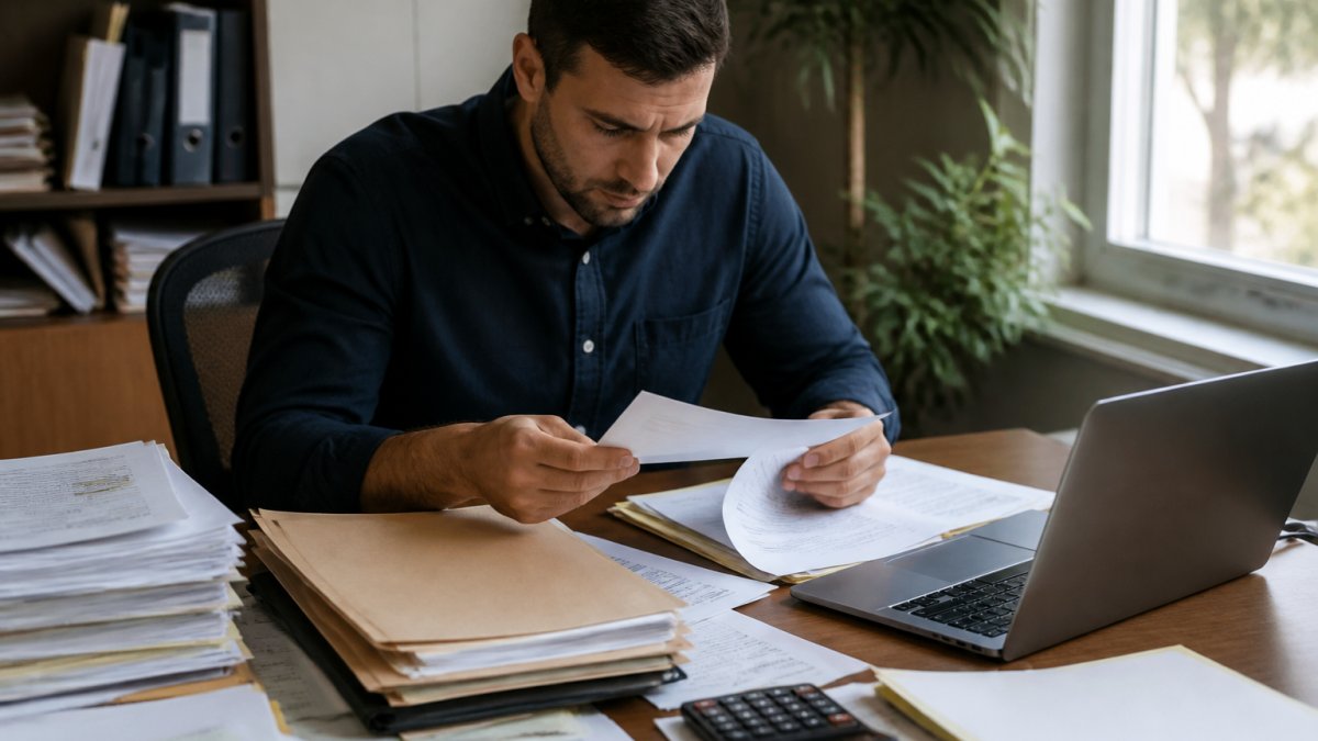 A small business owner at a cluttered desk organizing financial paperwork and bank statements into folders, laptop open with a spreadsheet, natural window light
