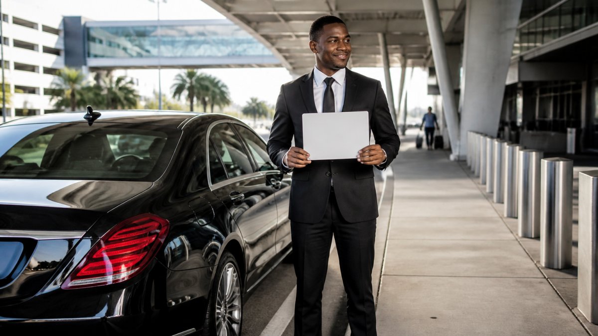 Chauffeur holding a nameplate next to a private car FLL to Miami at the airport terminal curbside.