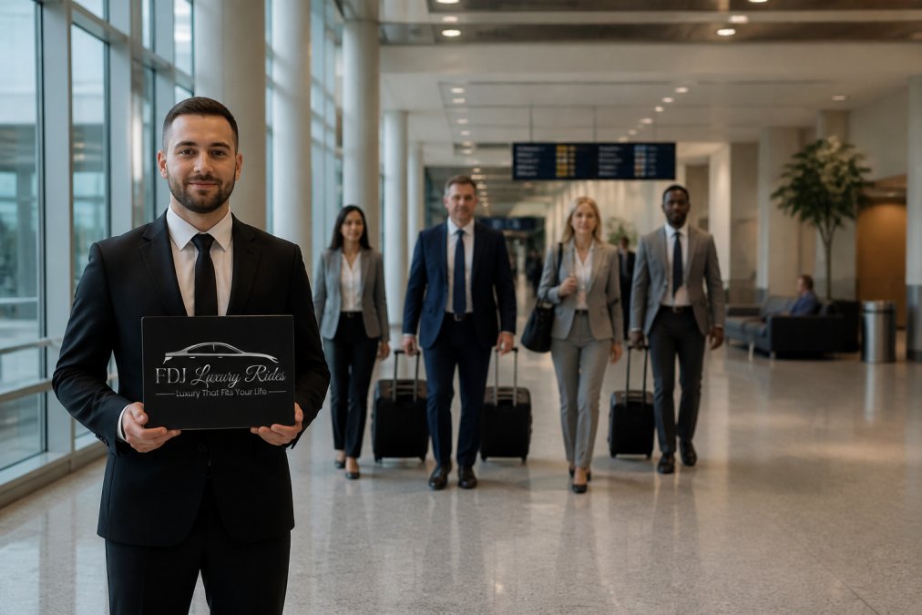 A professional chauffeur in a dark suit holding a small welcome sign inside an airport arrivals area, with business travelers walking past in the background