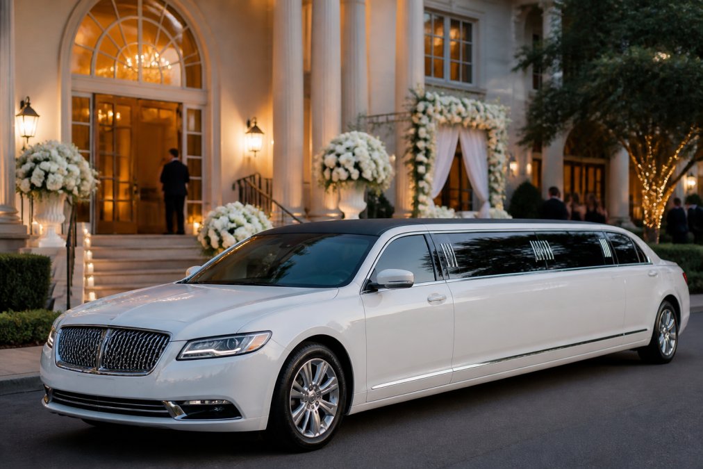 Sleek stretch limousine parked at a wedding venue as a private car service for weddings with elegant floral decor