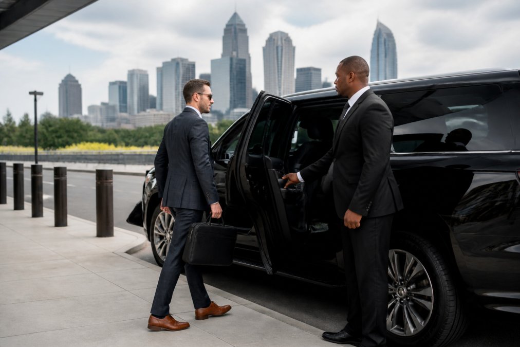 Corporate executive in business attire entering a black luxury vehicle with a driver in professional uniform holding the door, professional setting with Charlotte skyline in background