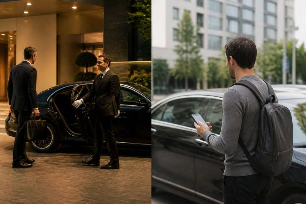 A professional chauffeur in a dark suit holding a door open for a business executive approaching a polished black luxury sedan at a corporate building entrance, under warm evening lighting