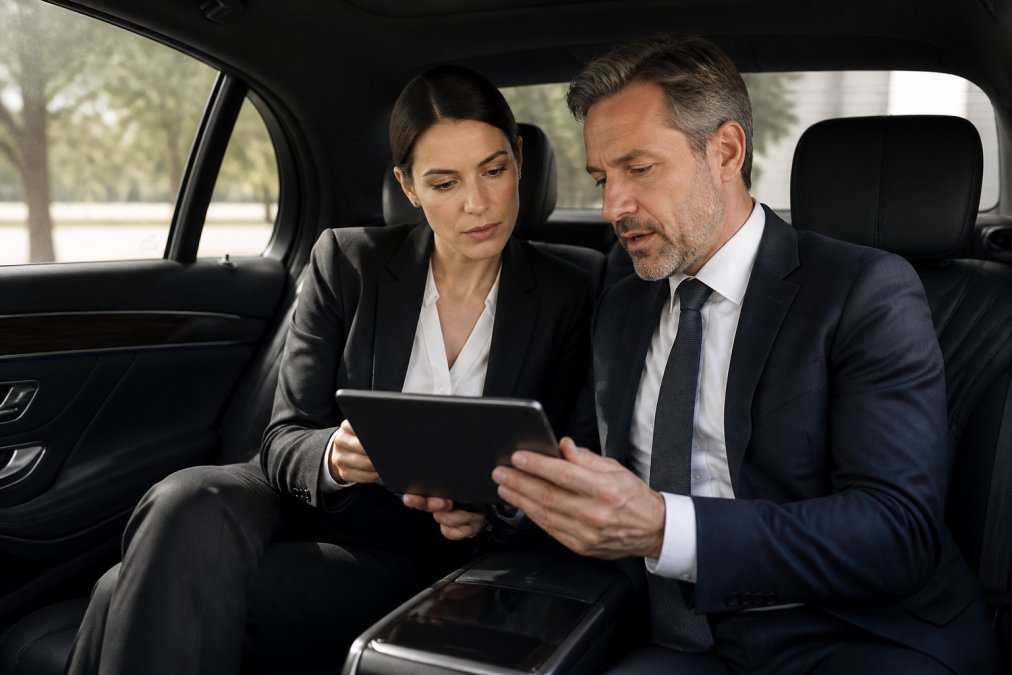 Two business professionals in formal attire seated in the rear cabin of a luxury black SUV, reviewing documents on a tablet during a corporate transfer, with soft ambient interior lighting