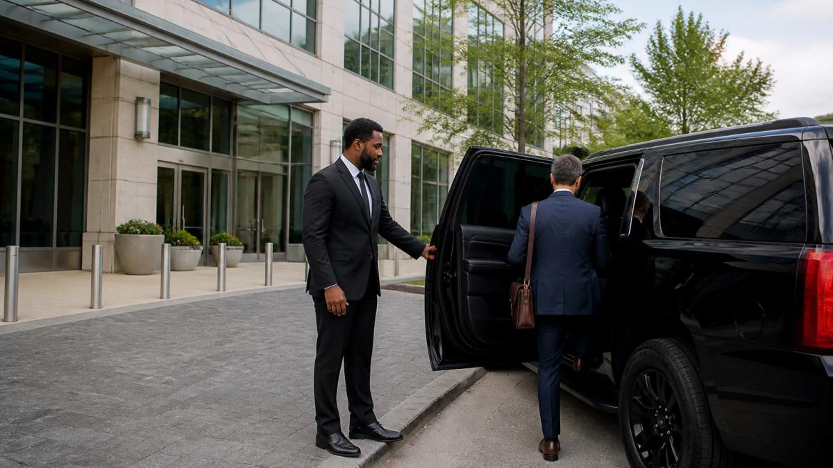 Professional chauffeur opening the door for a traveler using a private car service at a Charlotte office building.