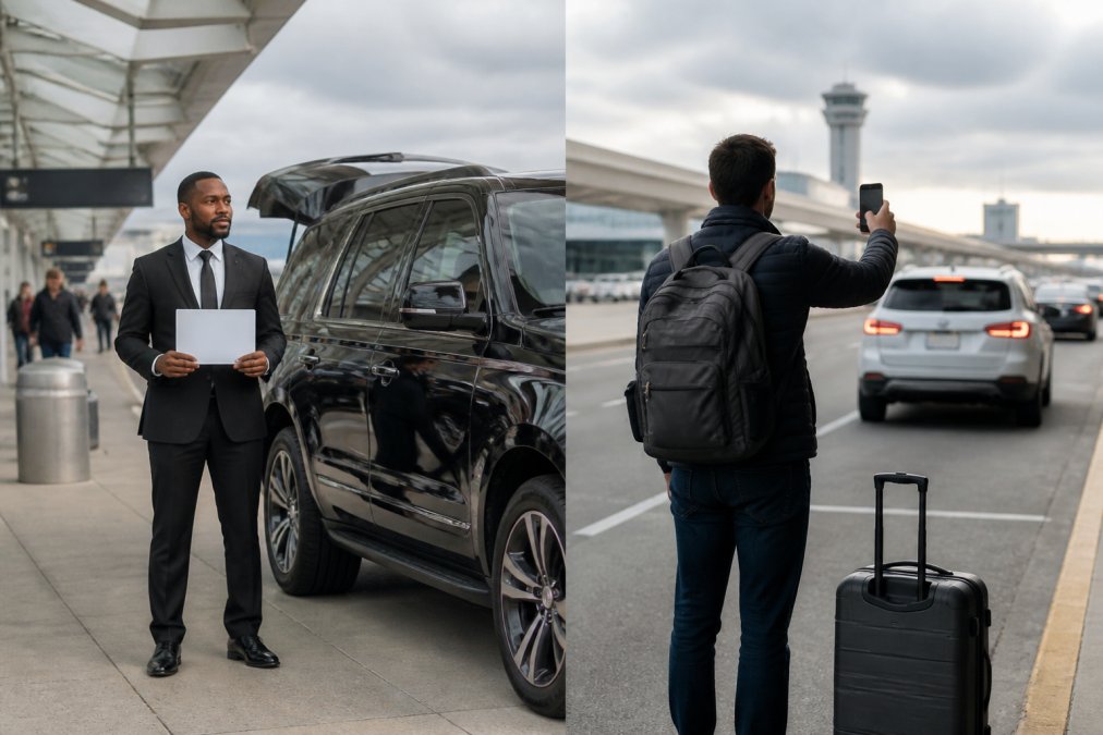 A professional chauffeur in a dark suit standing beside a black executive SUV at a busy airport departure area, holding a name sign and looking attentive