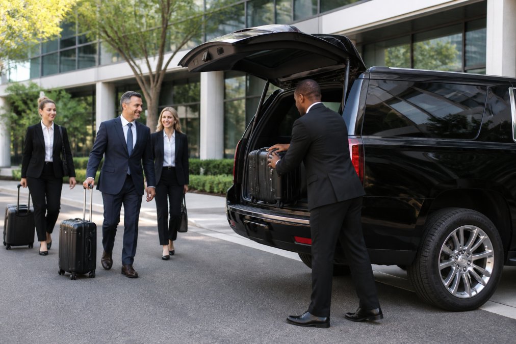 A group of business professionals in formal attire loading luggage into a large black SUV in a corporate office parking lot, with a suited driver assisting them
