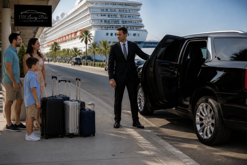 Chauffeur opening a black SUV door for cruise port transfers at a Florida terminal with luggage nearby.