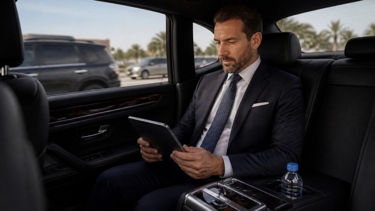 Professional business executive in tailored suit relaxing in the back seat of a luxury black sedan, reviewing documents on a tablet with calm focus while the car moves through traffic on a highway