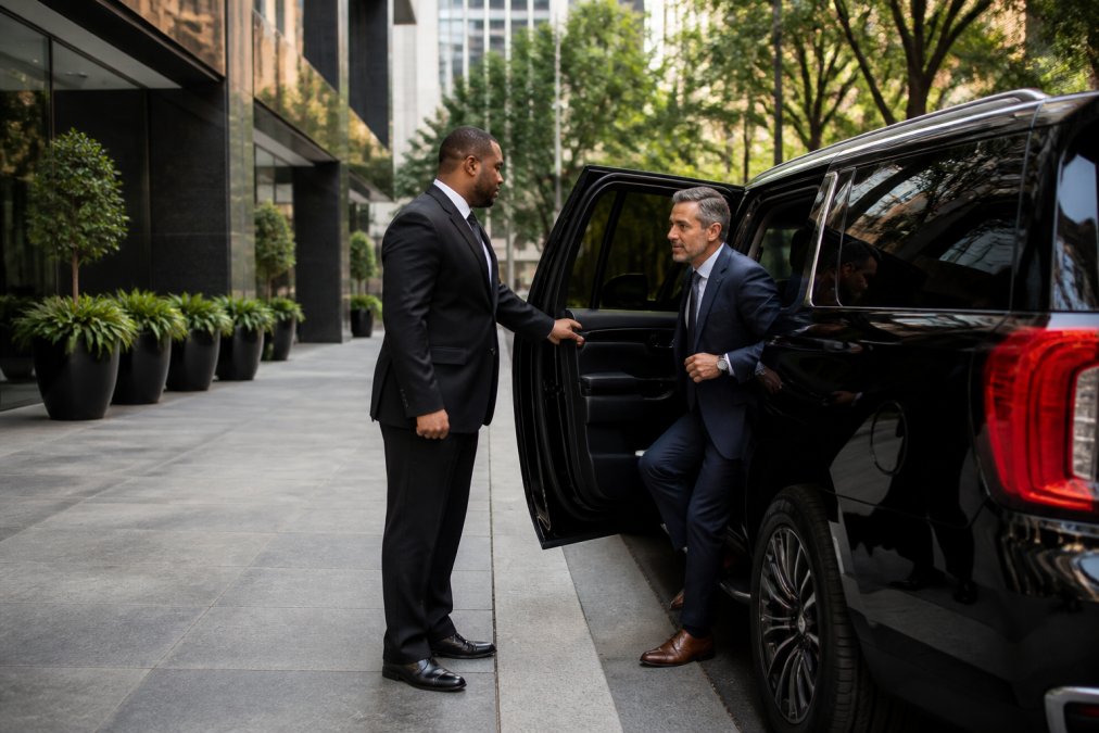 A professional chauffeur in a dark suit opening the rear door of a black SUV for a business executive outside a Charlotte office building, morning light