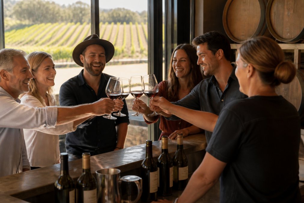 A group of adults laughing and raising wine glasses at a cellar door tasting counter, warm afternoon light streaming through windows with vineyard rows visible behind them
