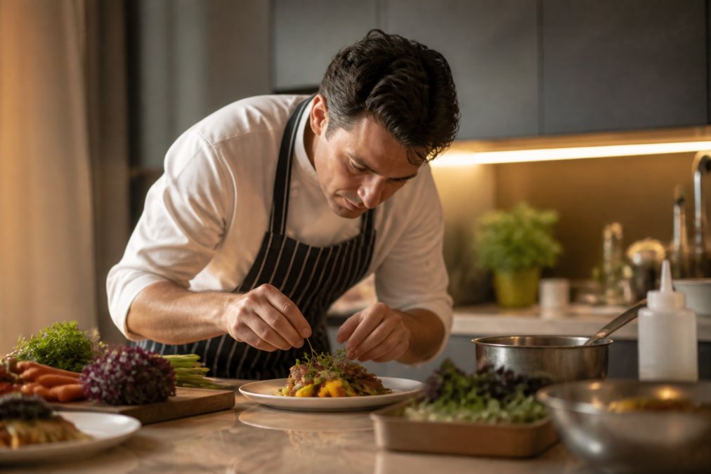 Professional private chef carefully plating an elegant gourmet dish at a residential kitchen counter, with fresh ingredients, professional knives, and cookware visible, showcasing the precision culinary preparation process in warm kitchen lighting