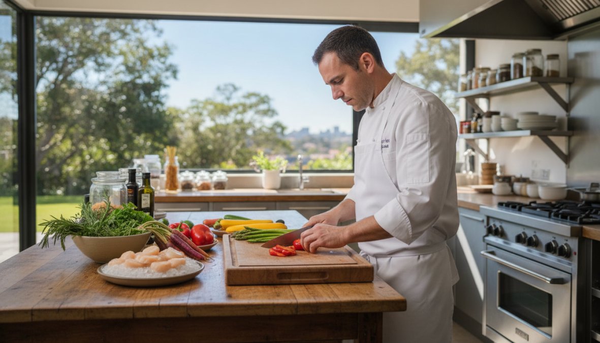A professional chef in white kitchen whites carefully slicing fresh heirloom tomatoes and basil on a worn wooden chopping board in a home kitchen, with seasonal produce arranged nearby and soft afternoon light coming through a window