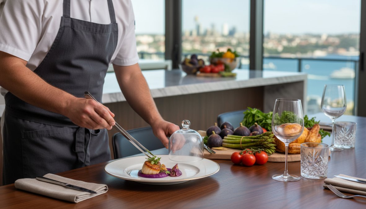 A private chef in a white uniform carefully plating a multi-course dish at a beautifully set home dining table, with vibrant fresh seasonal vegetables and herbs arranged on the marble bench beside him, warm pendant lighting overhead