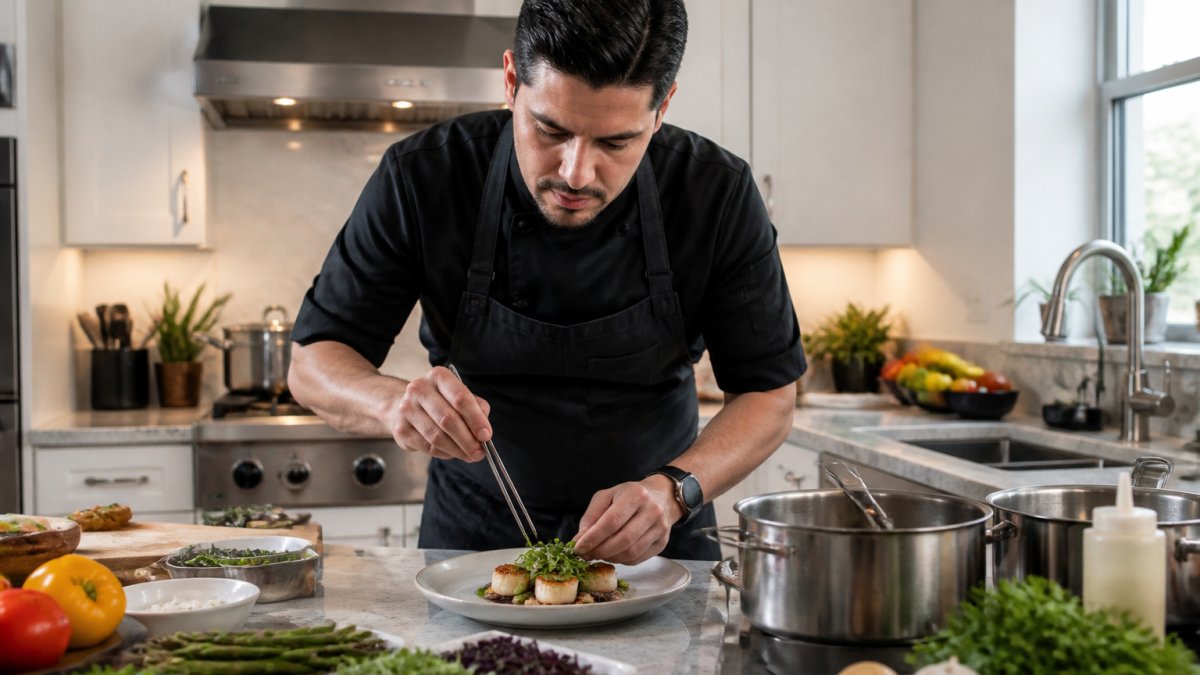 Professional chef in modern home kitchen preparing fresh ingredients and plating dishes, with stainless steel cookware and fresh vegetables visible on counter