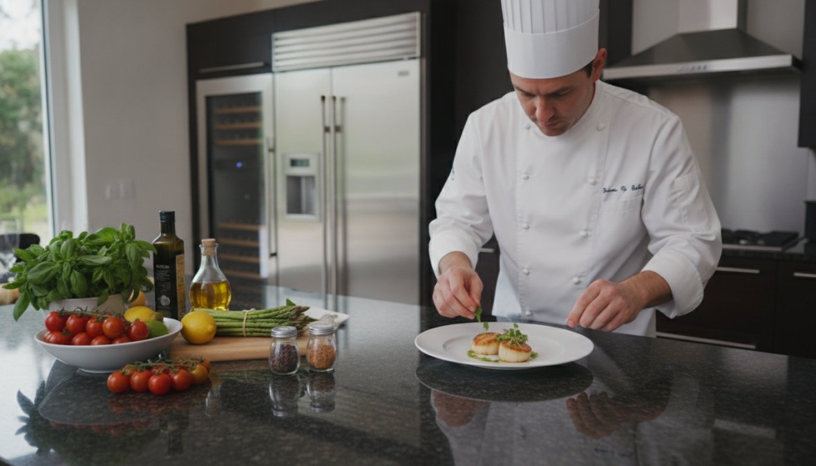 A professional private chef in full chef whites carefully plating a restaurant-quality dish in a modern home kitchen, with fresh herbs, fine china, and neatly arranged ingredients on the marble counter beside them, warm overhead lighting