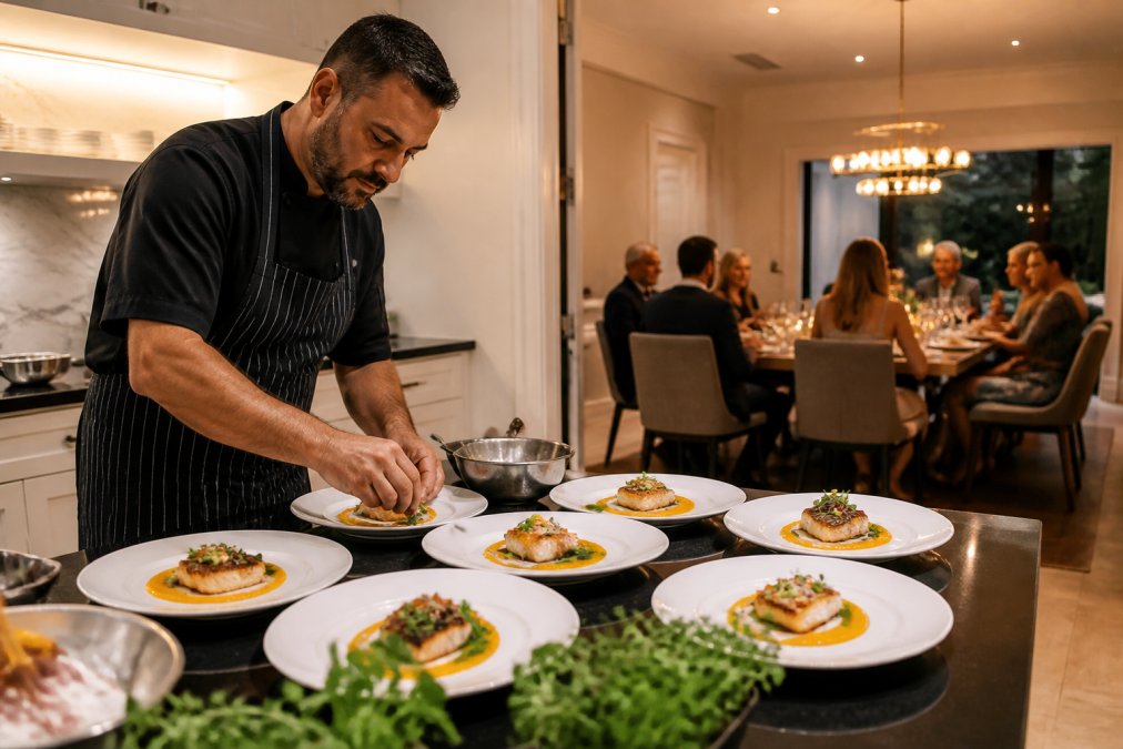 Professional private chef plating an elegant dish in a home kitchen with warm ambient lighting, guests visible in the background dining room, emphasising fine dining atmosphere and personalised service