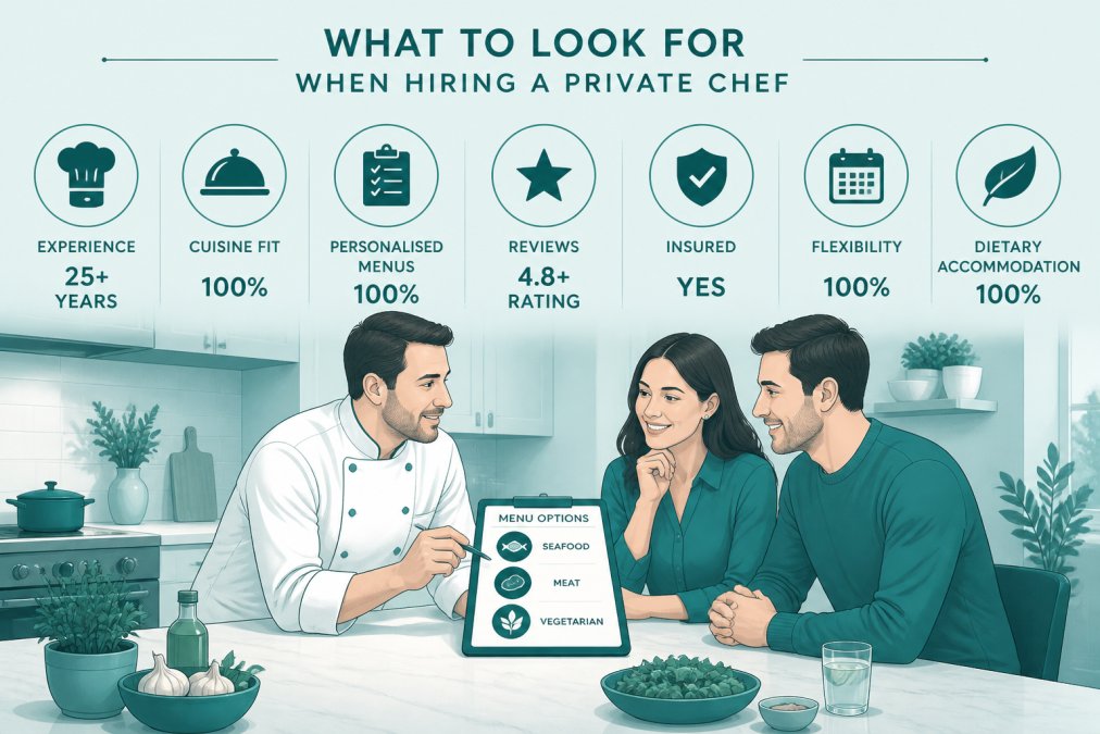 Professional chef in chef's whites discussing menu options with a client couple at their kitchen bench, showing consultation and personalised service in a warm home setting