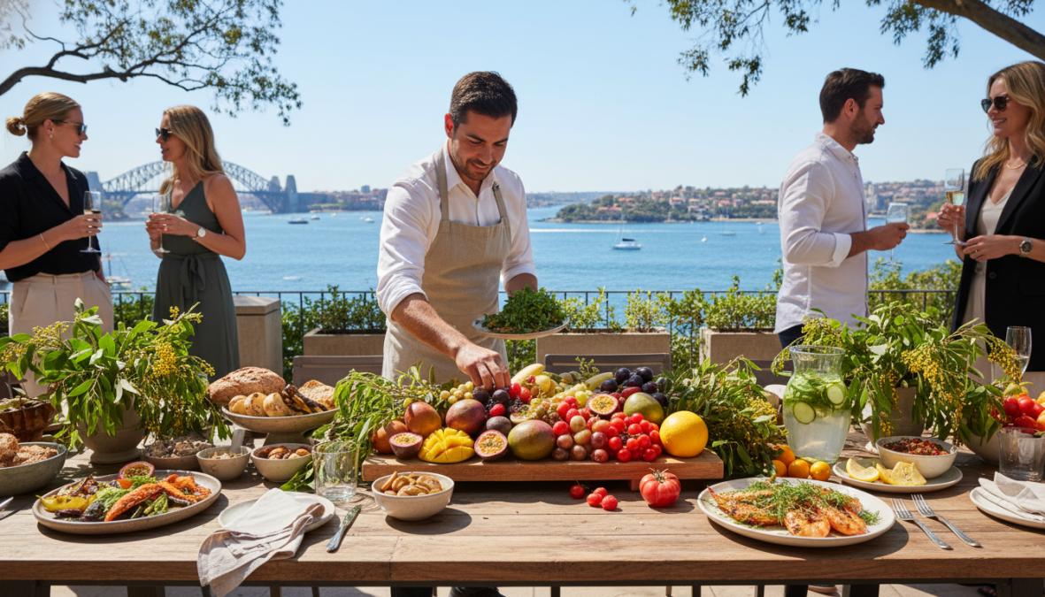 A private chef in a Sydney home kitchen carefully plating a multi-course dish using fresh seasonal produce, with handcrafted canapés and small plates arranged on a white marble countertop under bright kitchen lighting