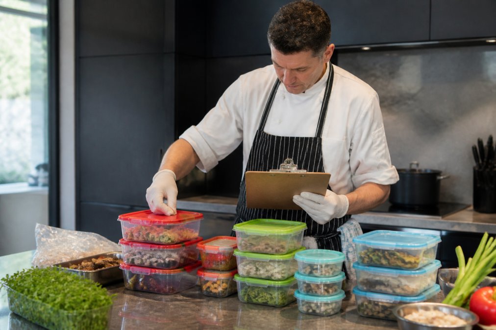 Professional private chef carefully labelling prepared dishes and ingredients in a modern kitchen, wearing food-safe gloves and consulting detailed allergy notes on a clipboard, with colour-coded containers and ingredient lists visible on the counter