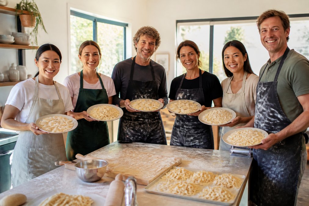 A diverse group of six people gathered around a kitchen island in a bright, modern home kitchen, smiling and holding plates of freshly made ravioli and fettuccine they've just prepared together, natural afternoon light streaming through windows behind them