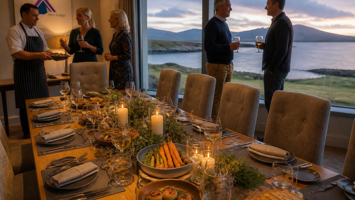 An elegantly set dining table at a luxury holiday home with fresh locally sourced dishes, candlelight, and views of Scottish landscape through windows, guests beginning to gather