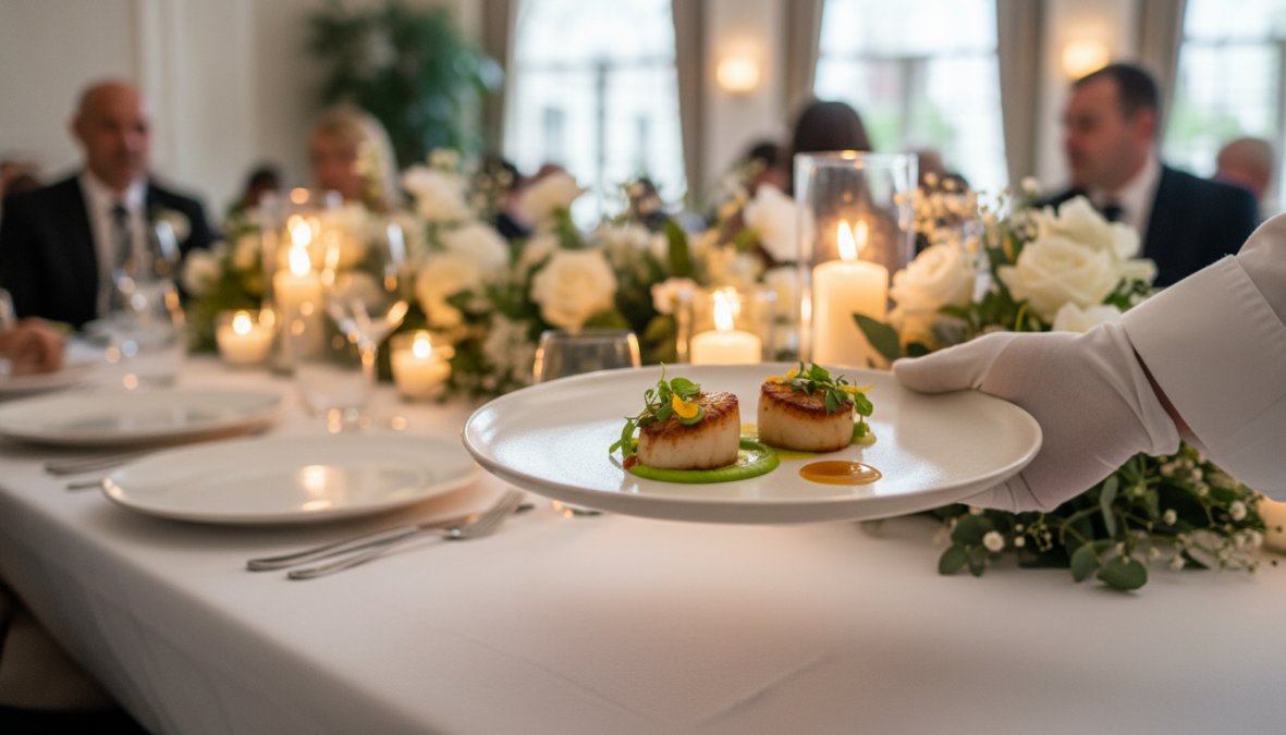An elegantly plated fine dining course being presented on a white tablecloth at an intimate wedding reception, with soft candlelight and floral centrepieces glowing in the background, a white-gloved server's hands carefully lowering the plate