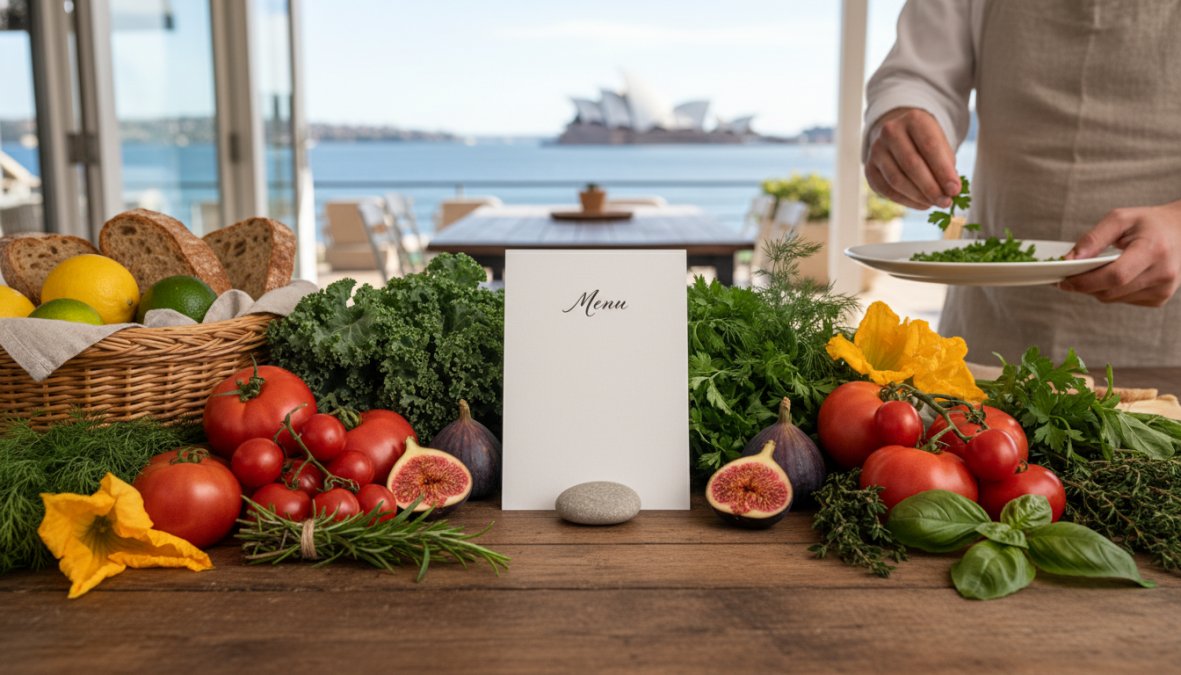 A private chef in a white uniform carefully plating gourmet canapés on a marble kitchen bench at a stylish home venue, with fresh seasonal produce, microherbs, and edible flowers arranged nearby in natural afternoon light
