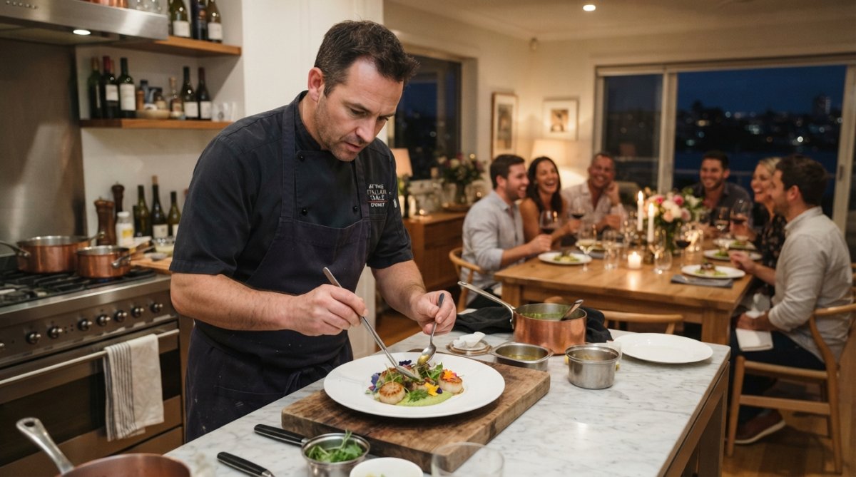 Private chef plating an elegant dish in a home kitchen with guests visible in the background dining at a table with candlelight