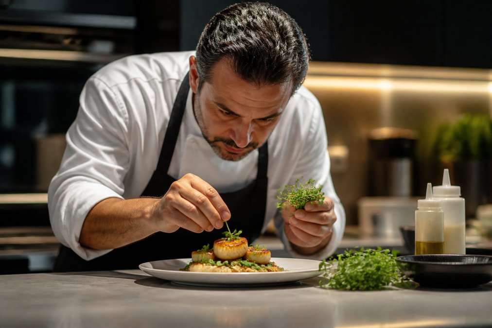 Professional private chef plating an elegant dish with fresh herbs and premium ingredients in a home kitchen, focusing on the artistry and precision of fine dining presentation