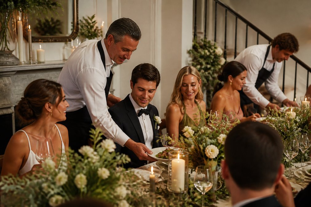 Formal wedding reception with guests dining at a candlelit table, professional service staff attending to diners, and a warm, intimate atmosphere in a home setting