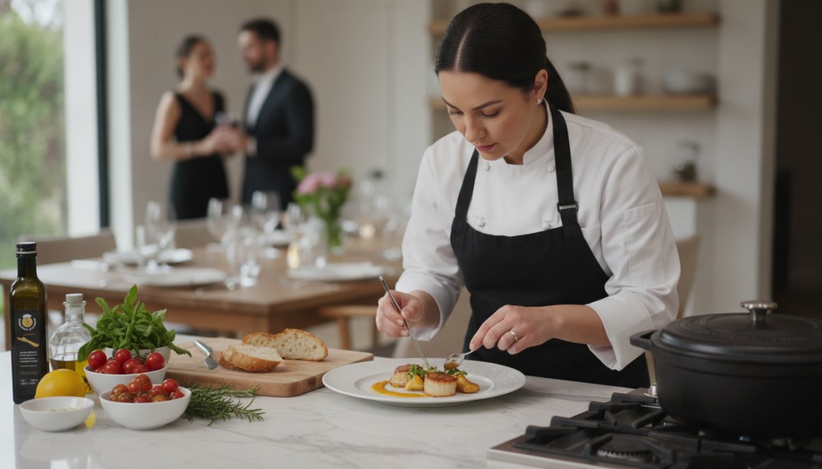 Professional chef plating an elegant gourmet dish with fresh herbs and precise presentation in a home kitchen, with soft natural lighting highlighting the culinary artistry