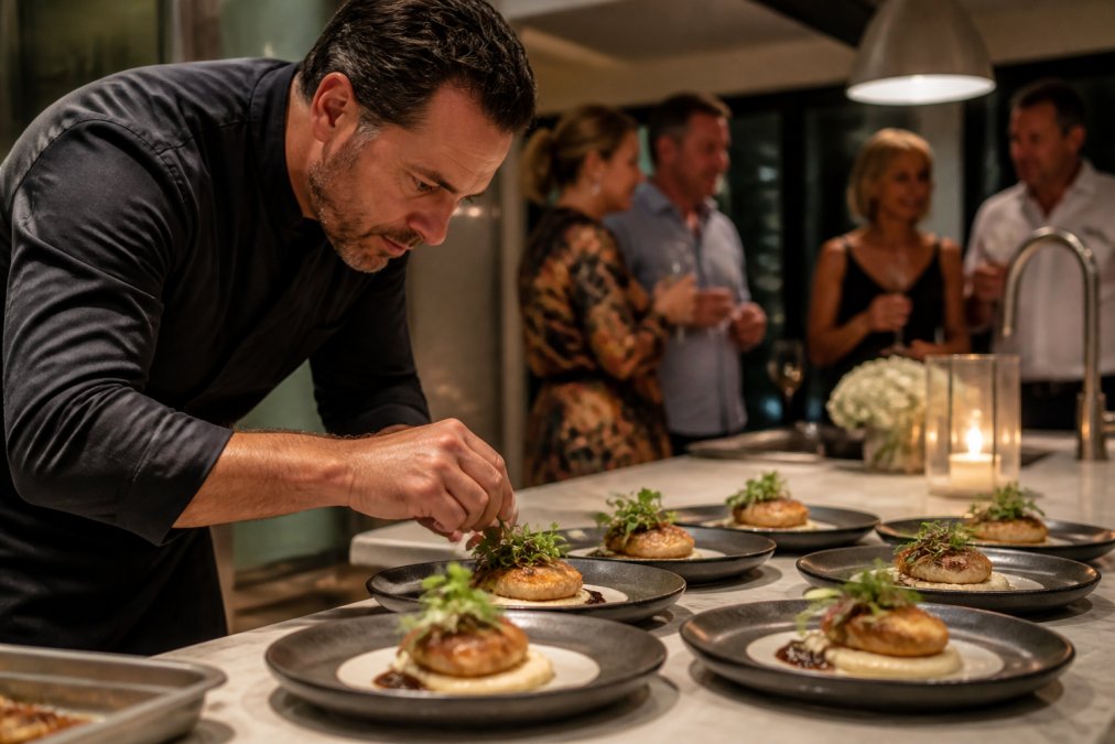 Professional private chef plating an elegant dish in a home kitchen with warm overhead lighting, guests visible in the background enjoying the intimate dinner setting