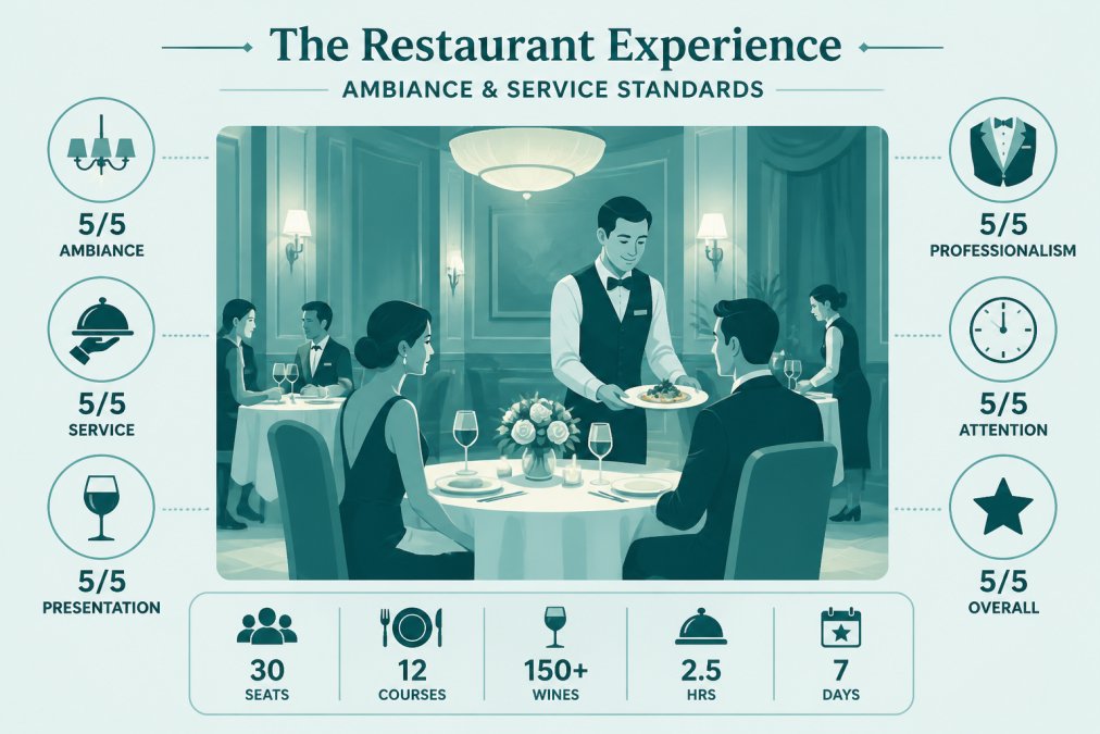 Upscale restaurant dining room with elegant table settings, soft ambient lighting, and professional waitstaff attending to guests during a special occasion