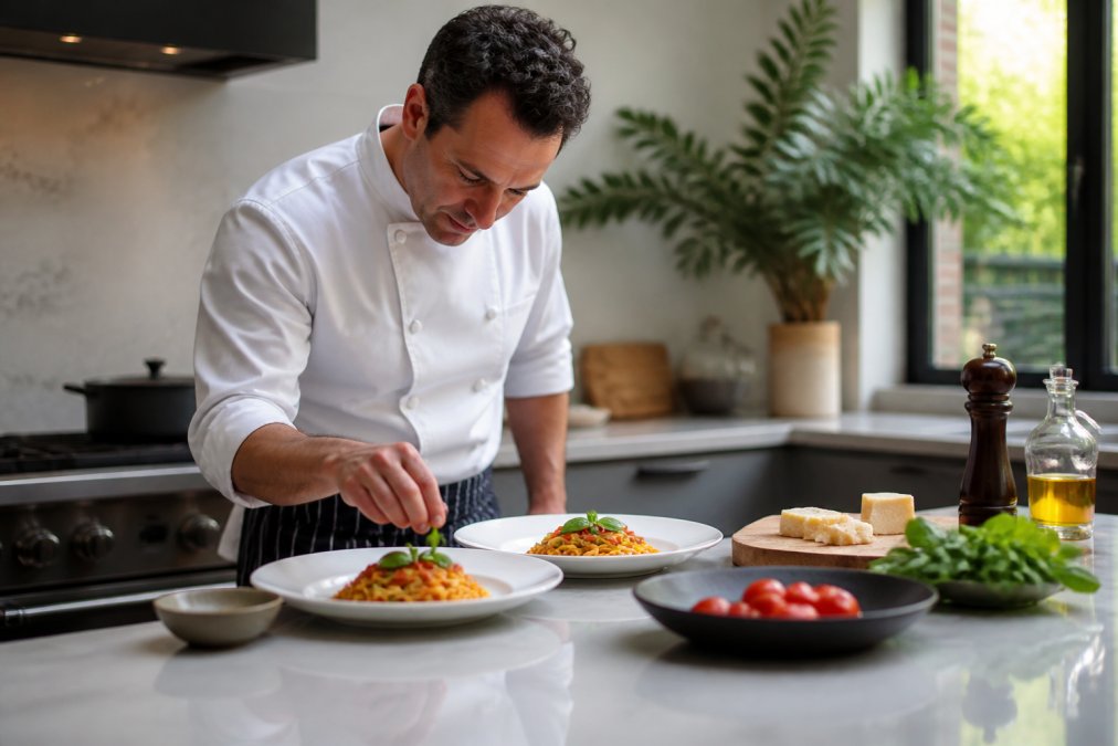 Professional private chef plating an elegant Italian pasta dish at a home kitchen counter, fresh basil and quality ingredients visible, warm natural light from kitchen window illuminating the refined presentation