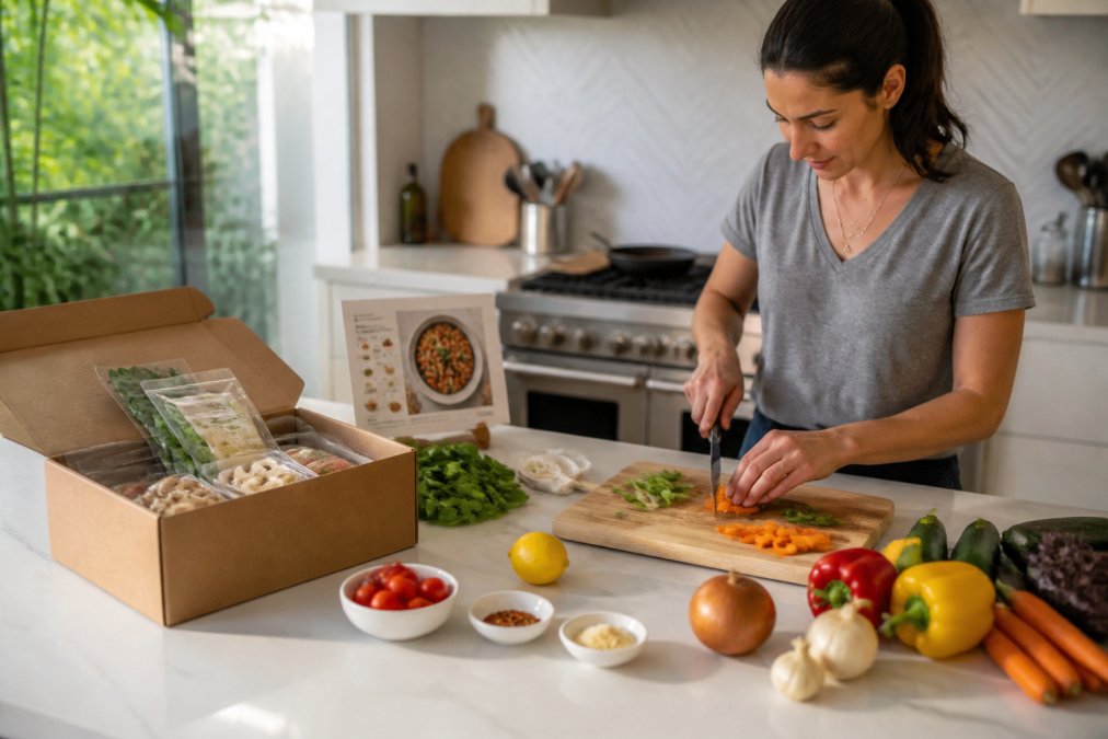 Home cook preparing a colorful meal at their kitchen bench using pre-portioned ingredients from a meal kit box, recipe card propped up nearby, fresh vegetables and ingredients spread across the counter in natural daylight