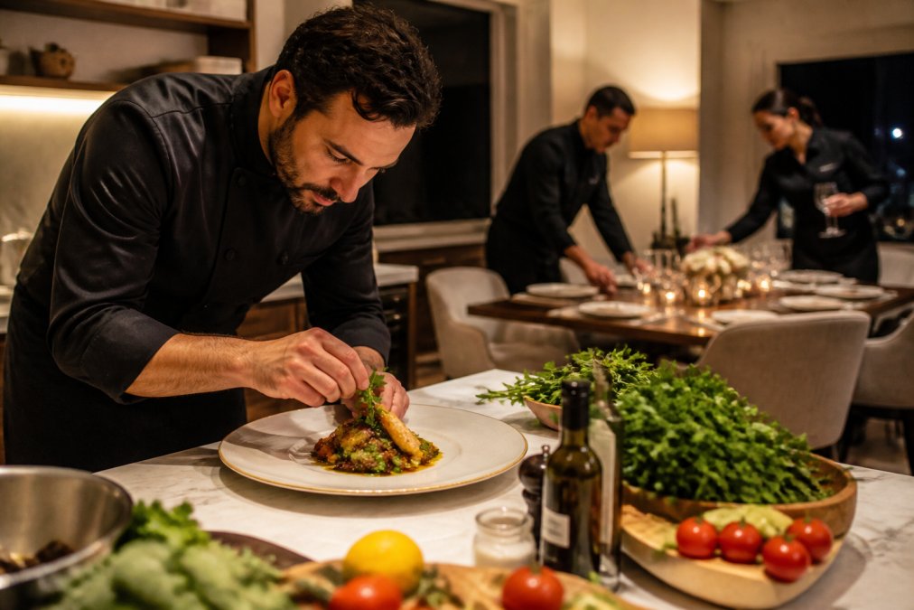 Private chef carefully plating an elegant dish at a home kitchen counter with fresh herbs and seasonal ingredients visible, warm ambient lighting reflecting off fine china, with service staff in crisp black attire preparing the dining room in soft focus behind