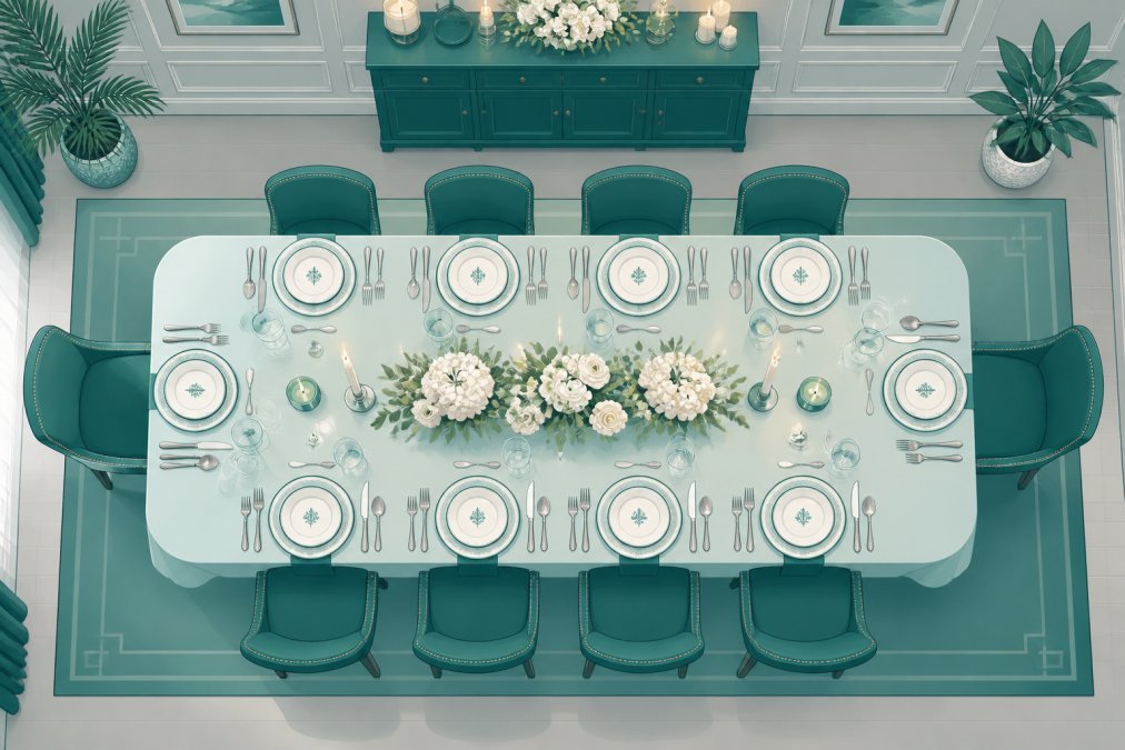 Overhead view of an elegantly set formal dining table for twelve guests with fine china, polished silverware, fresh white flowers in a low arrangement, and wine glasses catching candlelight in a home dining room