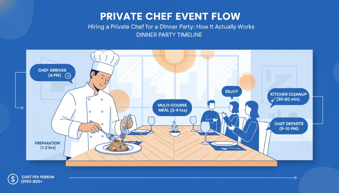 A professional chef in a white chef's coat carefully plating an elegant multi-course Italian dish at a beautifully set dining table inside a modern home, warm amber lighting overhead, guests visible in soft focus in the background