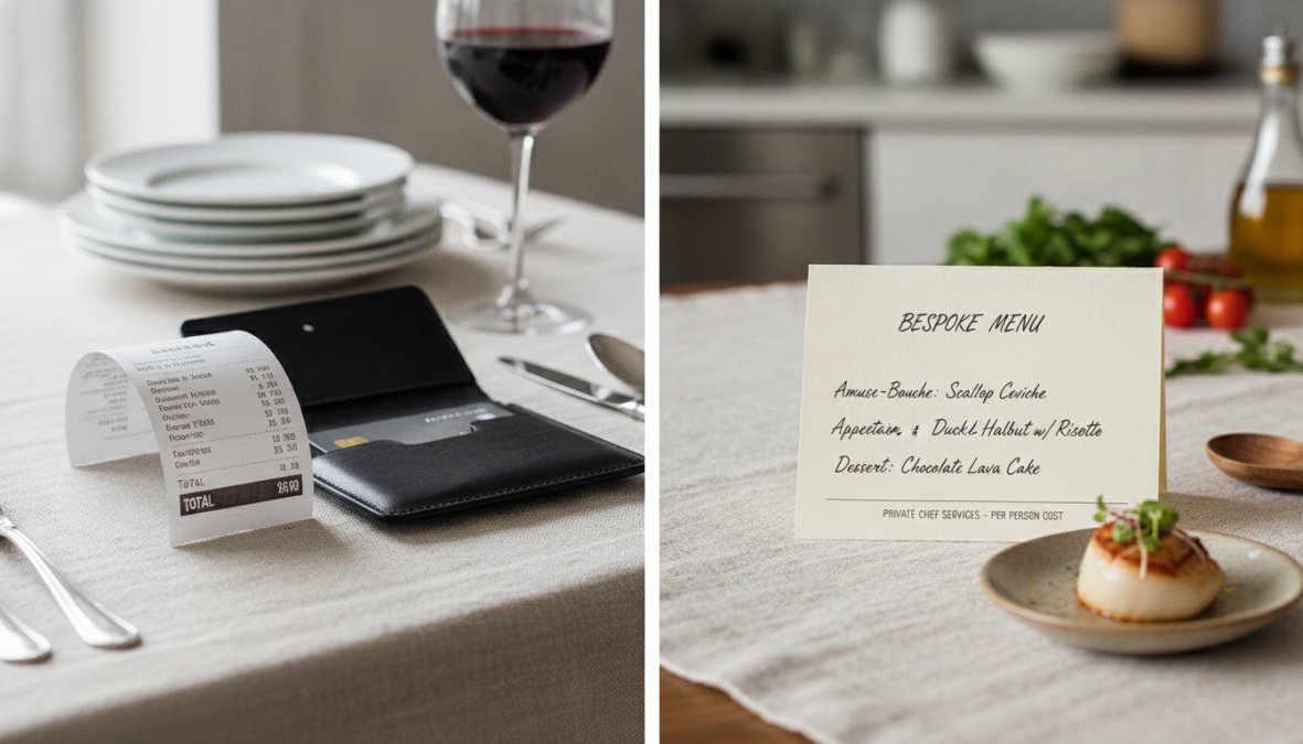 Close-up of a neatly presented restaurant bill beside a handwritten bespoke menu card on a white linen tablecloth, soft natural light from a nearby window, a small vase of flowers in the background
