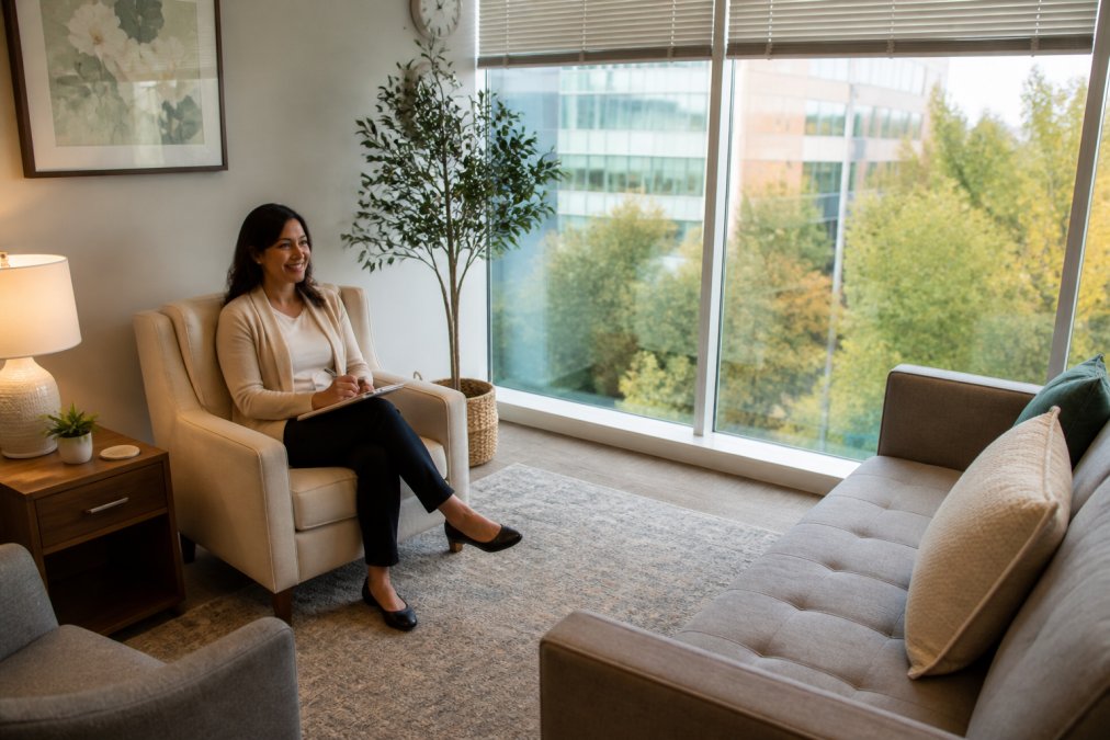 Therapist sitting in a bright, welcoming counselling office space with large windows and comfortable seating.
