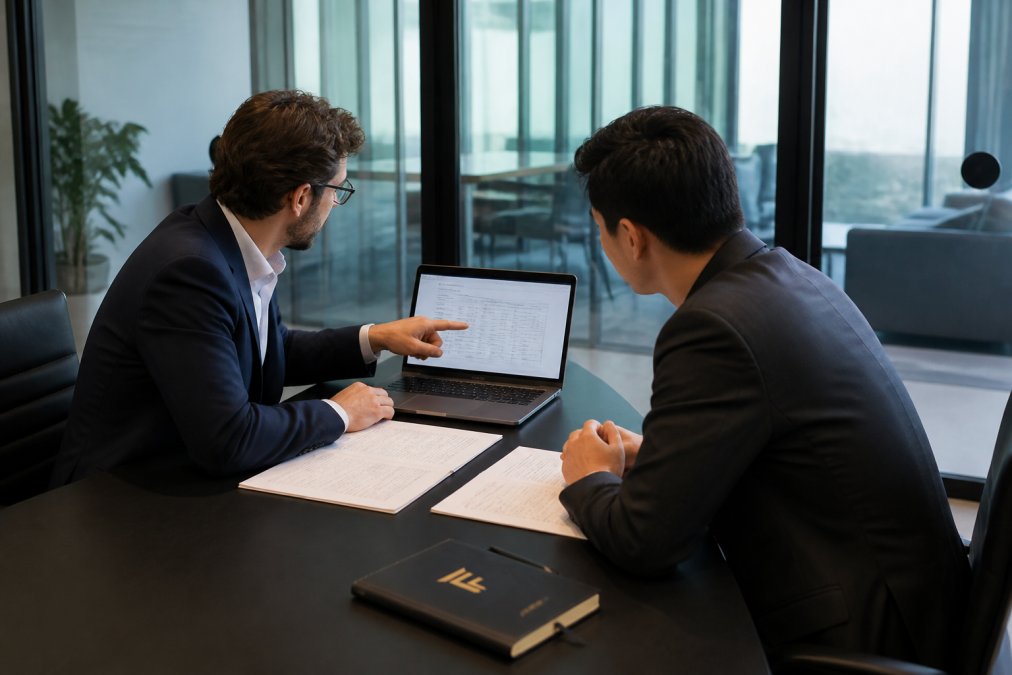 Two business professionals reviewing financial documents at a modern conference table, one pointing at a laptop screen showing loan term comparisons, bright office with glass walls